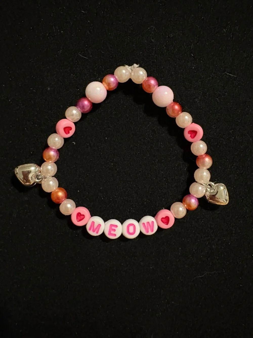Parky’s Place Handmade MEOW Stretch Bracelet Pink Pearl Heart Cat Lover